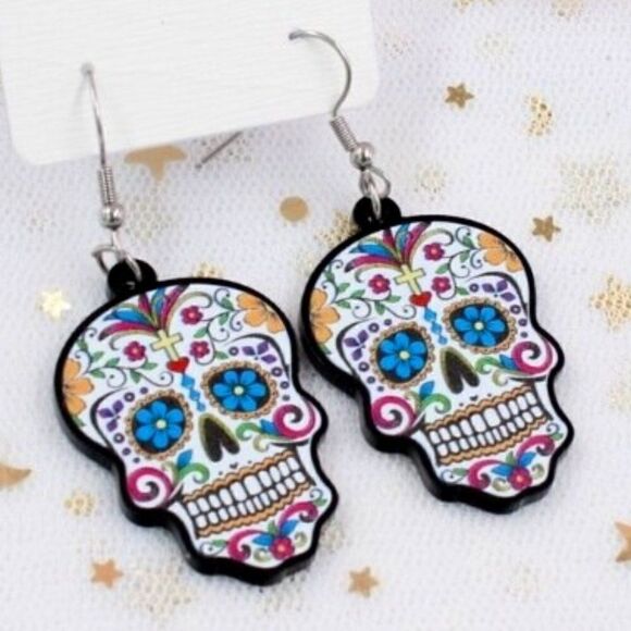 SUGAR SKULL DAY OF THE DEAD COLORFUL EARRINGS - Picture 1 of 3